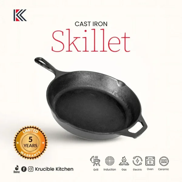 Skillet 10 In (25 CM) Cast Iron Krucible Kitchen Seasoned Frying Pan