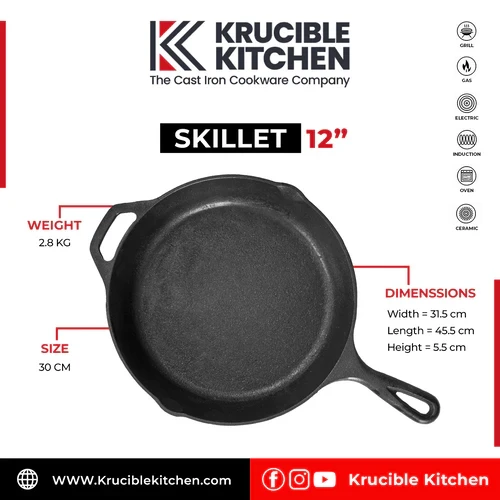 Skillet 12 In (30 CM) Cast Iron Krucible Kitchen Seasoned Frying Pan