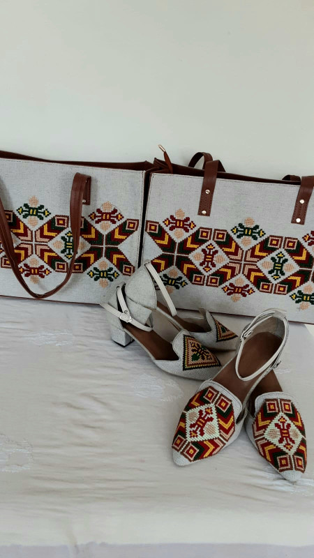 Embroidered Elegance - Handmade Cross Stitch Fabric + Leather Handbag and Footwear Collection