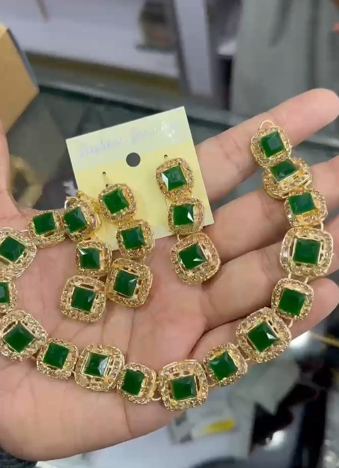 Crystal studed necklace set green with FREE HOOP EARRINGS  jewellery for girls bridal jewellery