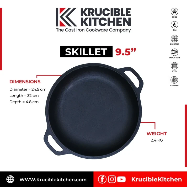 Skillet 9.5 In (24 CM) Cast Iron Krucible Kitchen Seasoned Frying Pan