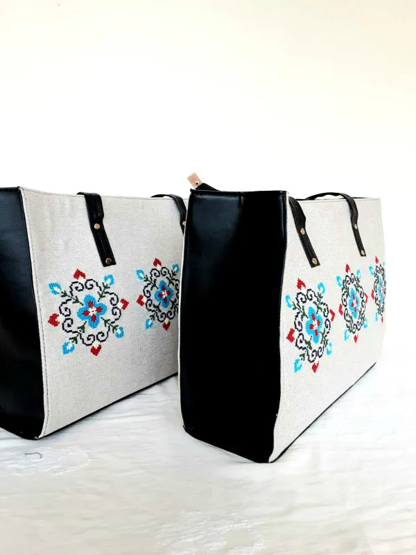 Handmade Charm - Cross Stitch Embroidered Jute Fabric Handbag