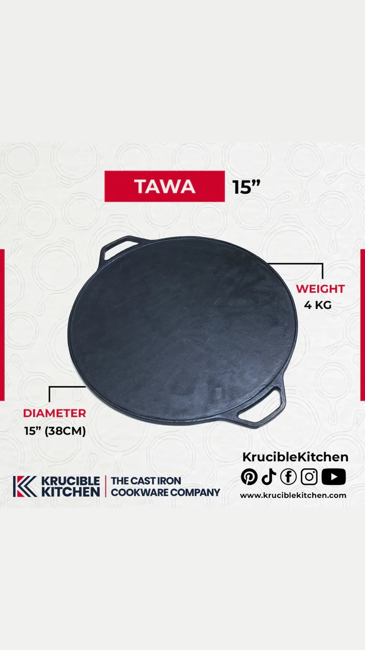 Tawa 15 Inch (38 CM) Classic, Cast Iron Krucible Kitchen Seasoned