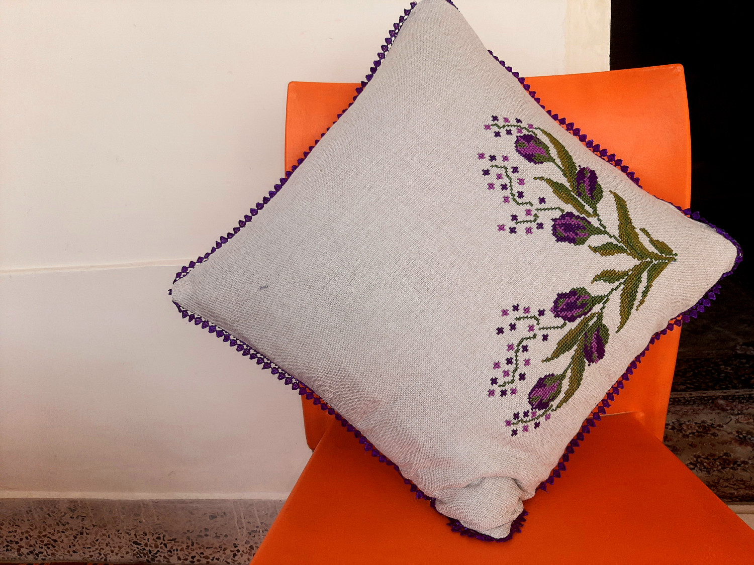 2 Pcs cushion cover-Purple Elegance - Tulip Hand Embroidery Corner Cross Stitch Cushion 17 Inch