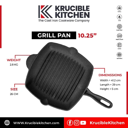 Grill Pan 10.25 inch (26 CM), Cast Iron Krucible Kitchen Seasoned
