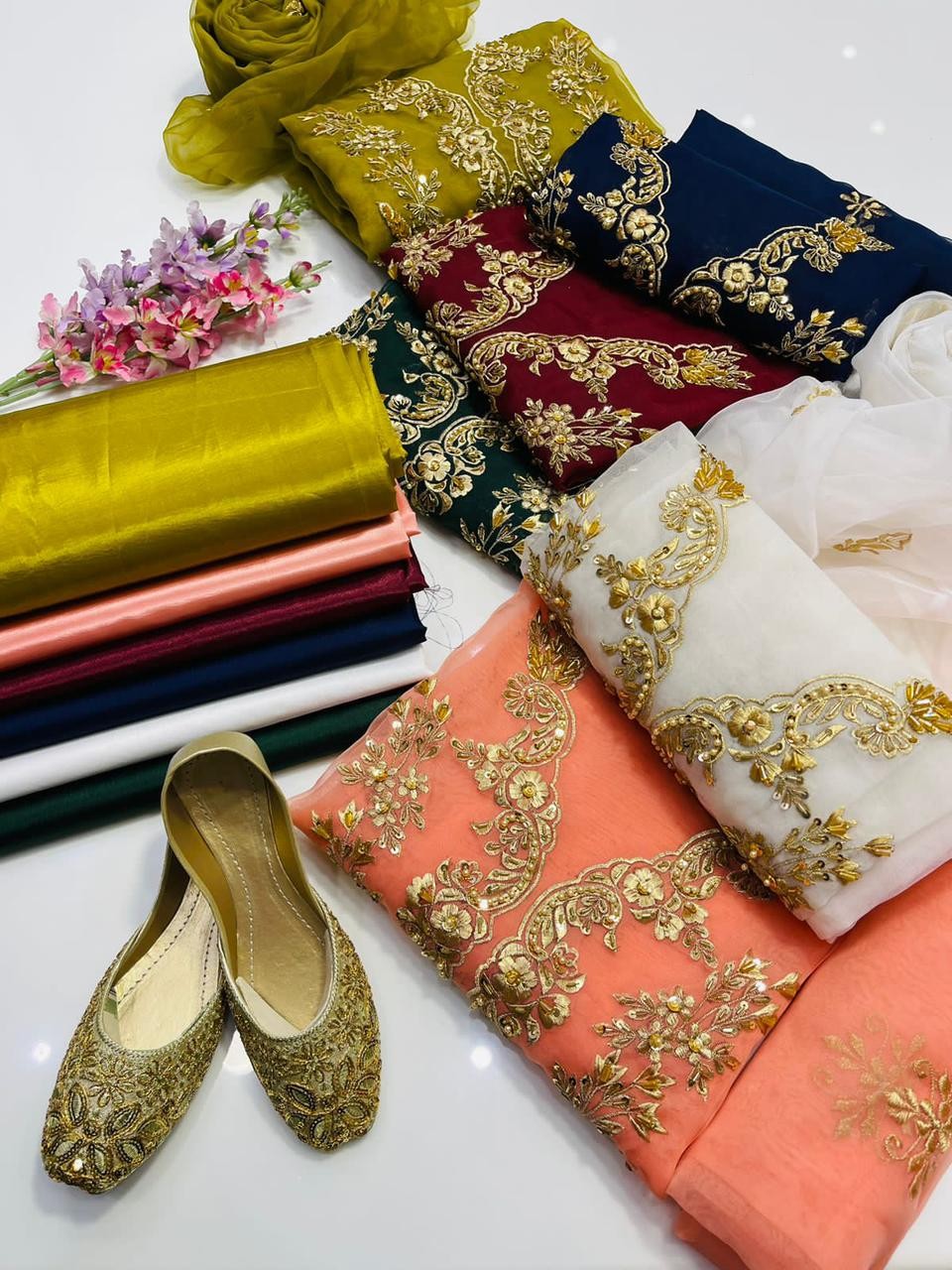 Organza Zari Handwork 3pcs unstitched suit